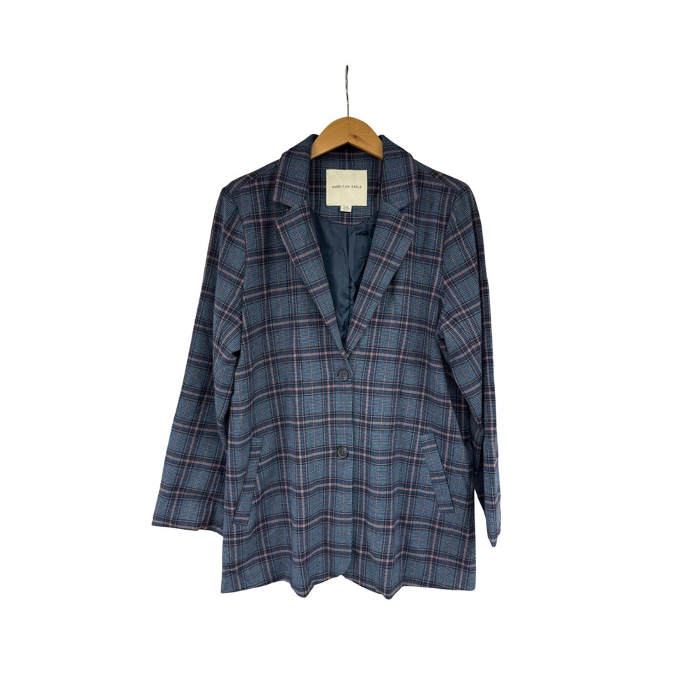 American Eagle Womens Oversized Blue Plaid Blazer Jacket Size M Two Button